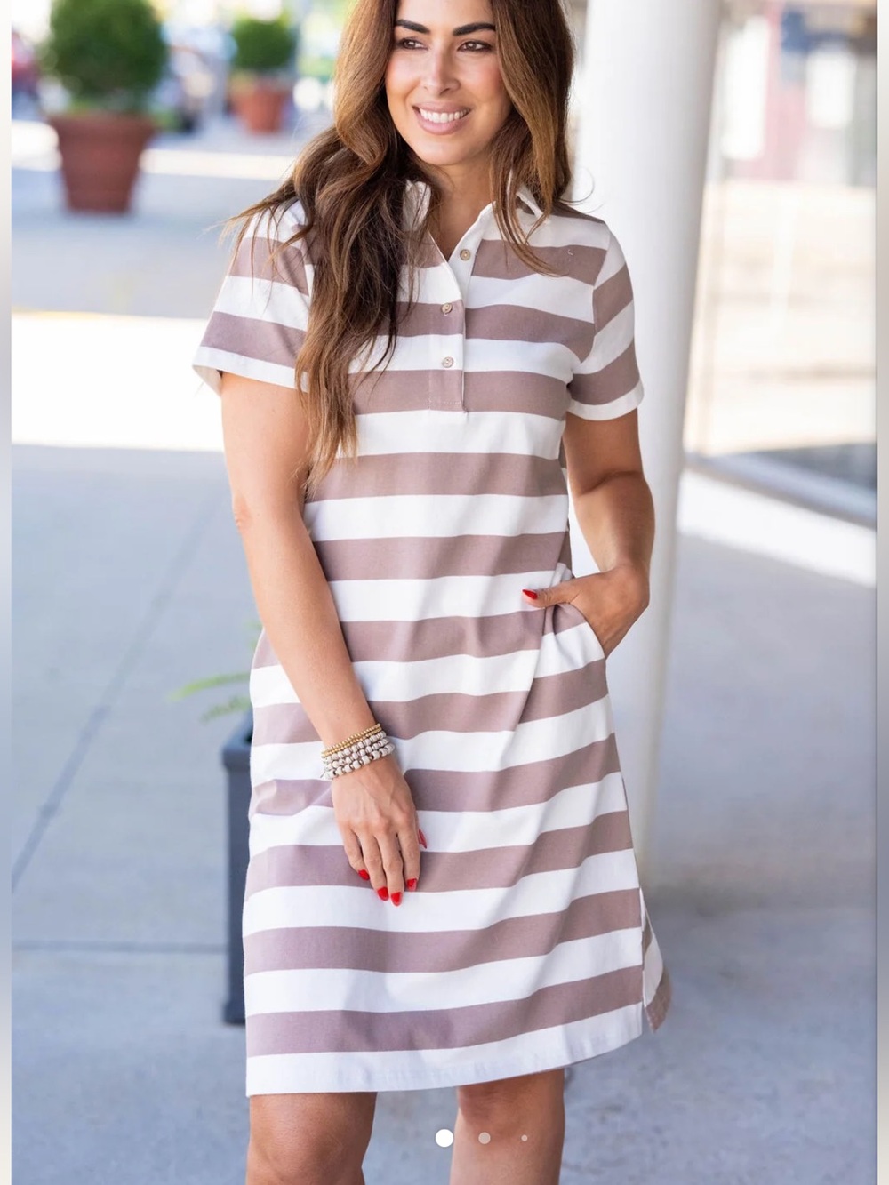 NWT Polagram Striped Short Sleeve Polo Dress- White & Taupe 3XL